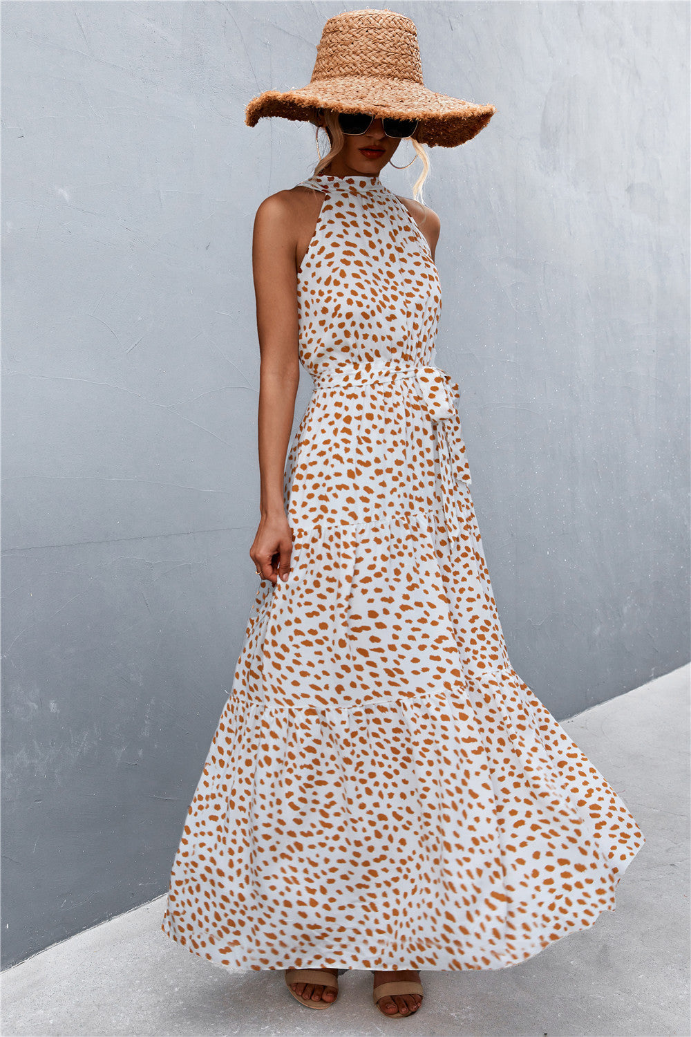  printed sleeveless tie waist maxi dress