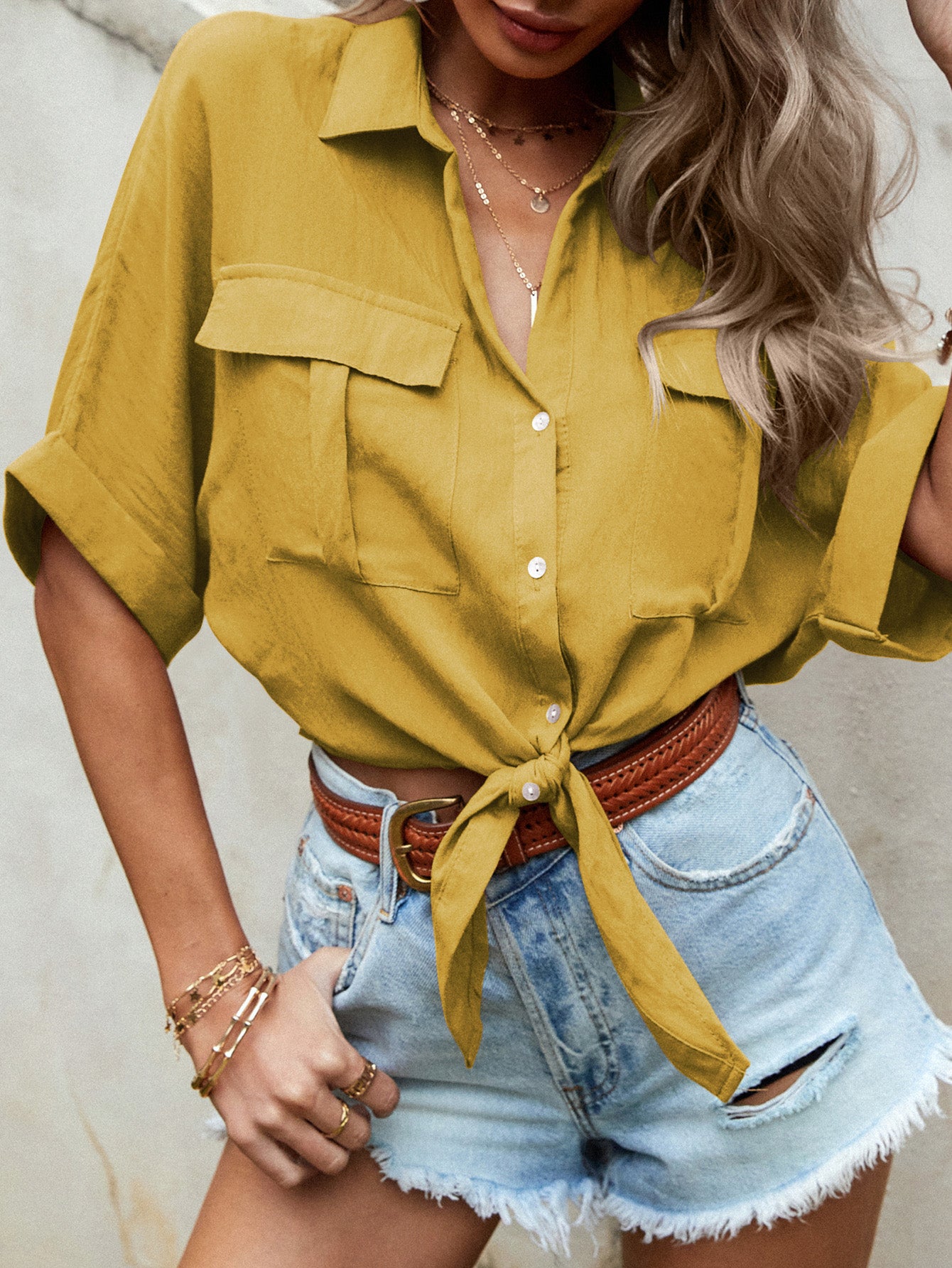 Cropped Tie Front Short Sleeve Shirt