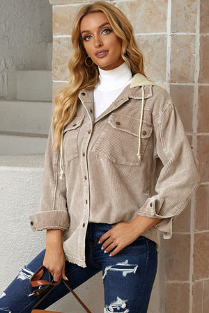 Snap Front Hooded Corduroy Jacket