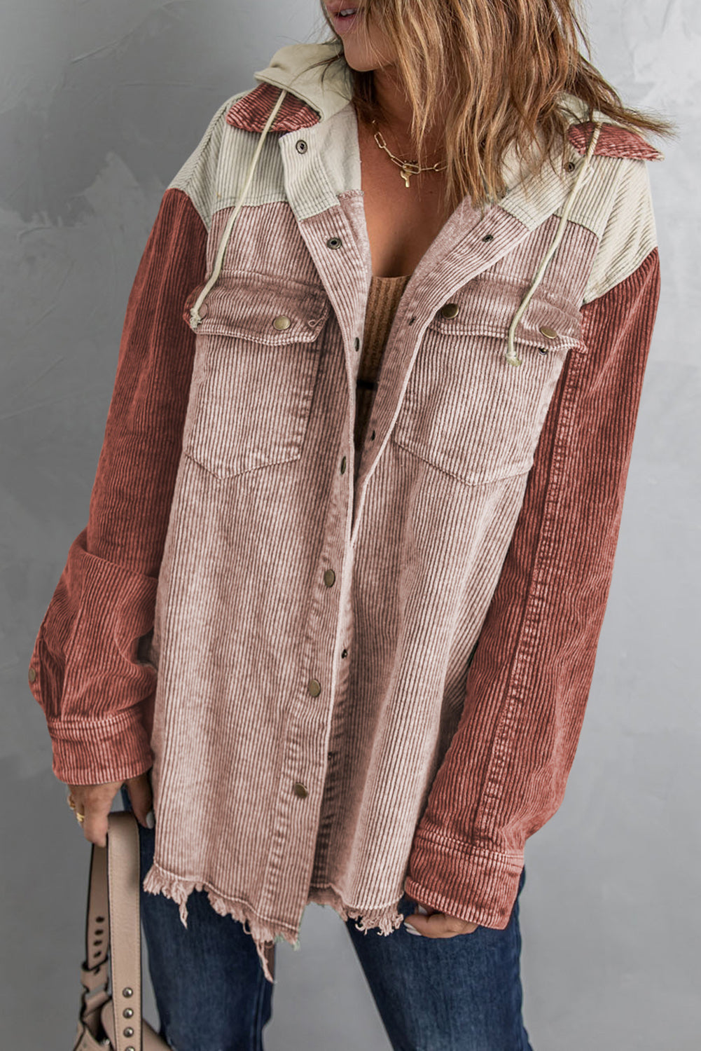 Snap Front Hooded Corduroy Jacket