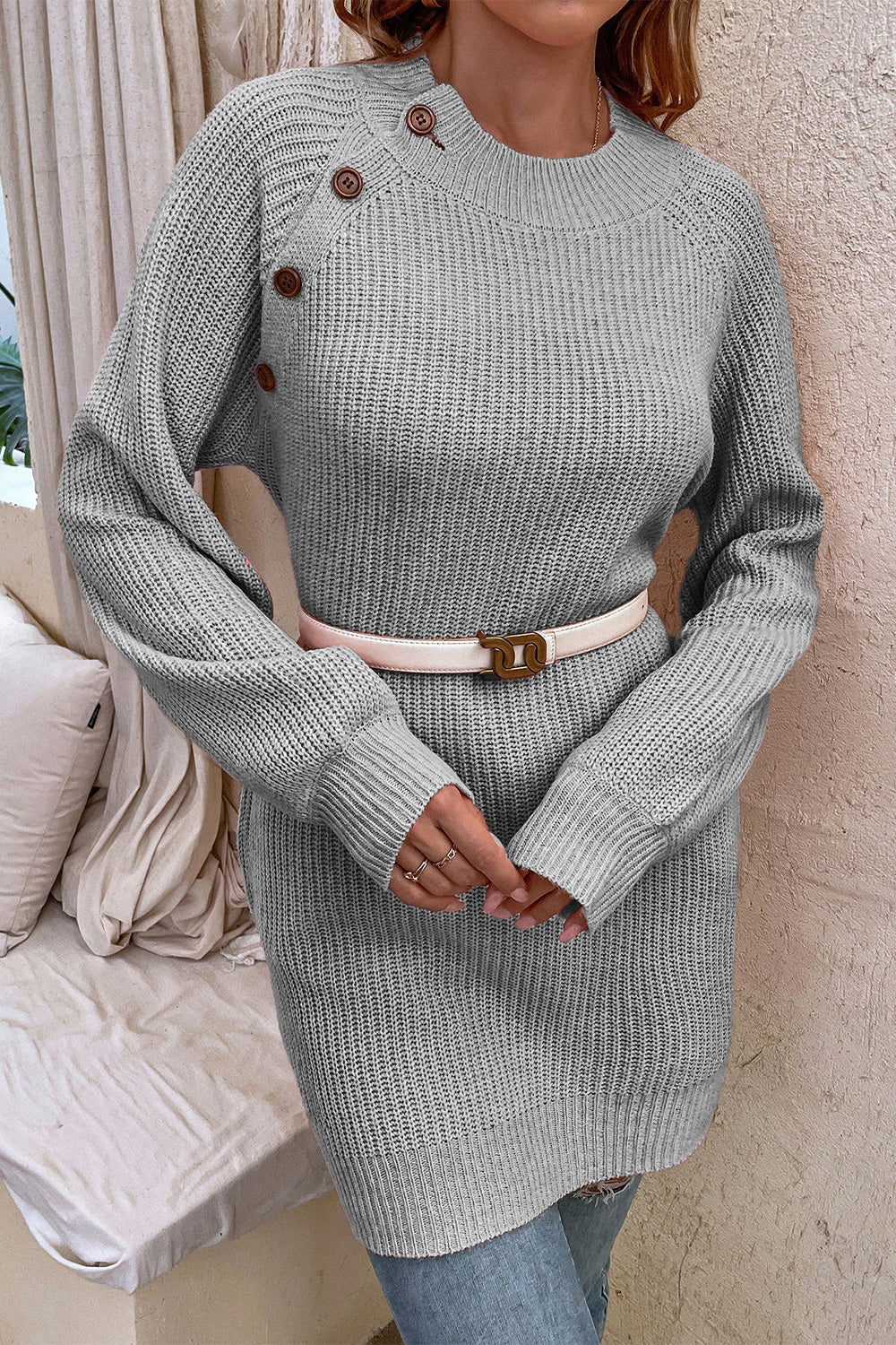 Round Neck Button Detail Ribbed Sweater