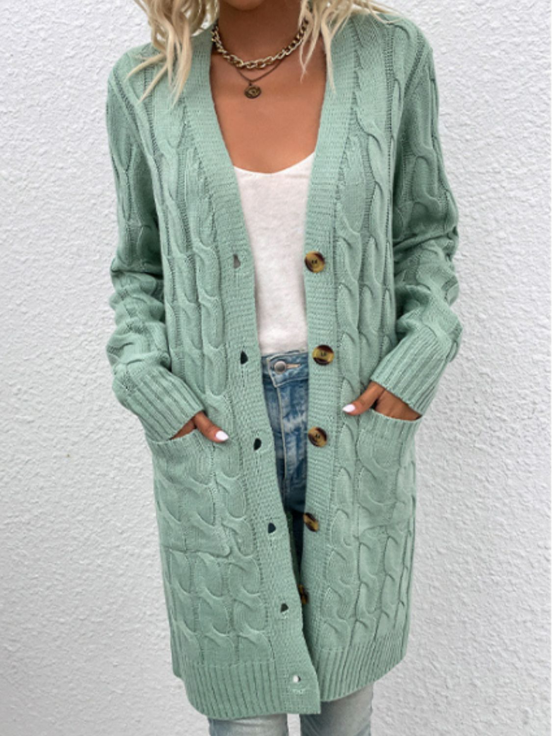Cable-Knit Button Down Cardigan with Pockets