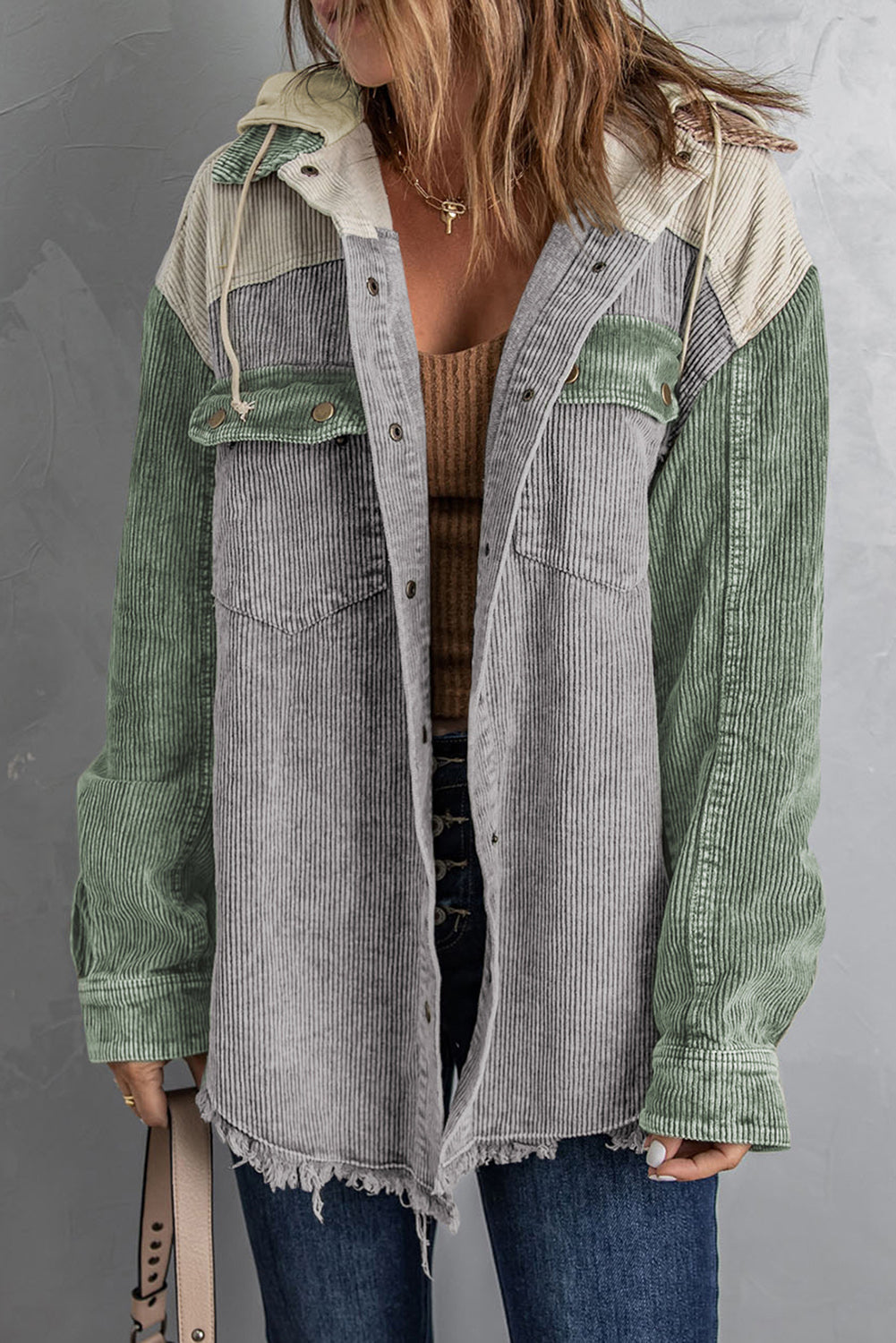 Snap Front Hooded Corduroy Jacket