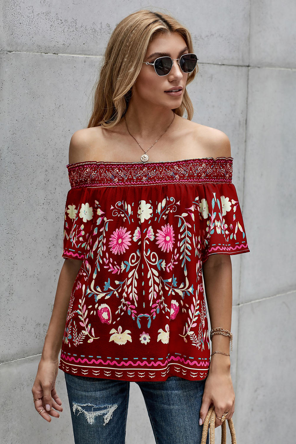 Boho Floral Off-Shoulder Blouse