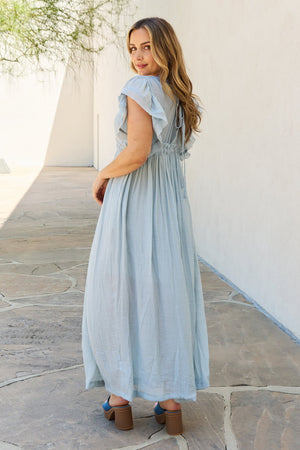 Drawstring Deep V Butterfly Sleeve Maxi Dress