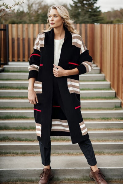 Striped Open Front Long Sleeve Cardigan Sweater