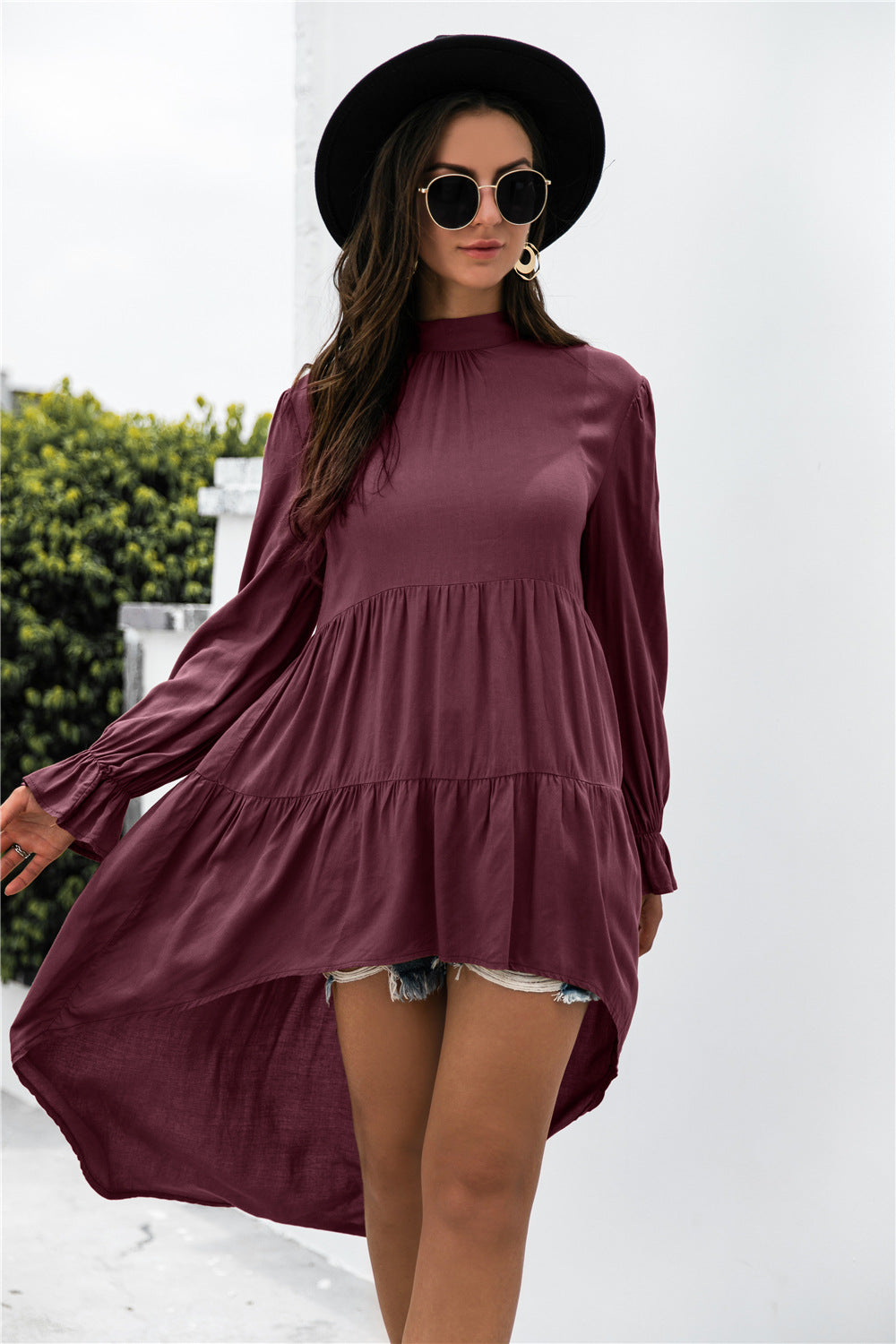 Solid Asymmetrical Patch Pleated Dress