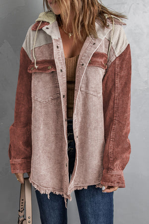 Snap Front Hooded Corduroy Jacket