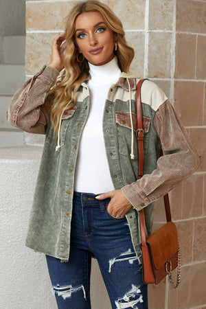 Snap Front Hooded Corduroy Jacket