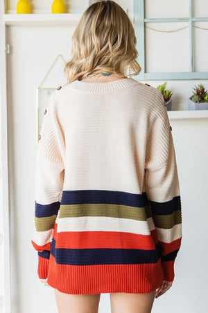Striped Round Neck Decorative Button Dropped Shoulder Pullover Sweater