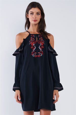 Black Boho Embroidery Off-the-shoulder Mini Dress
