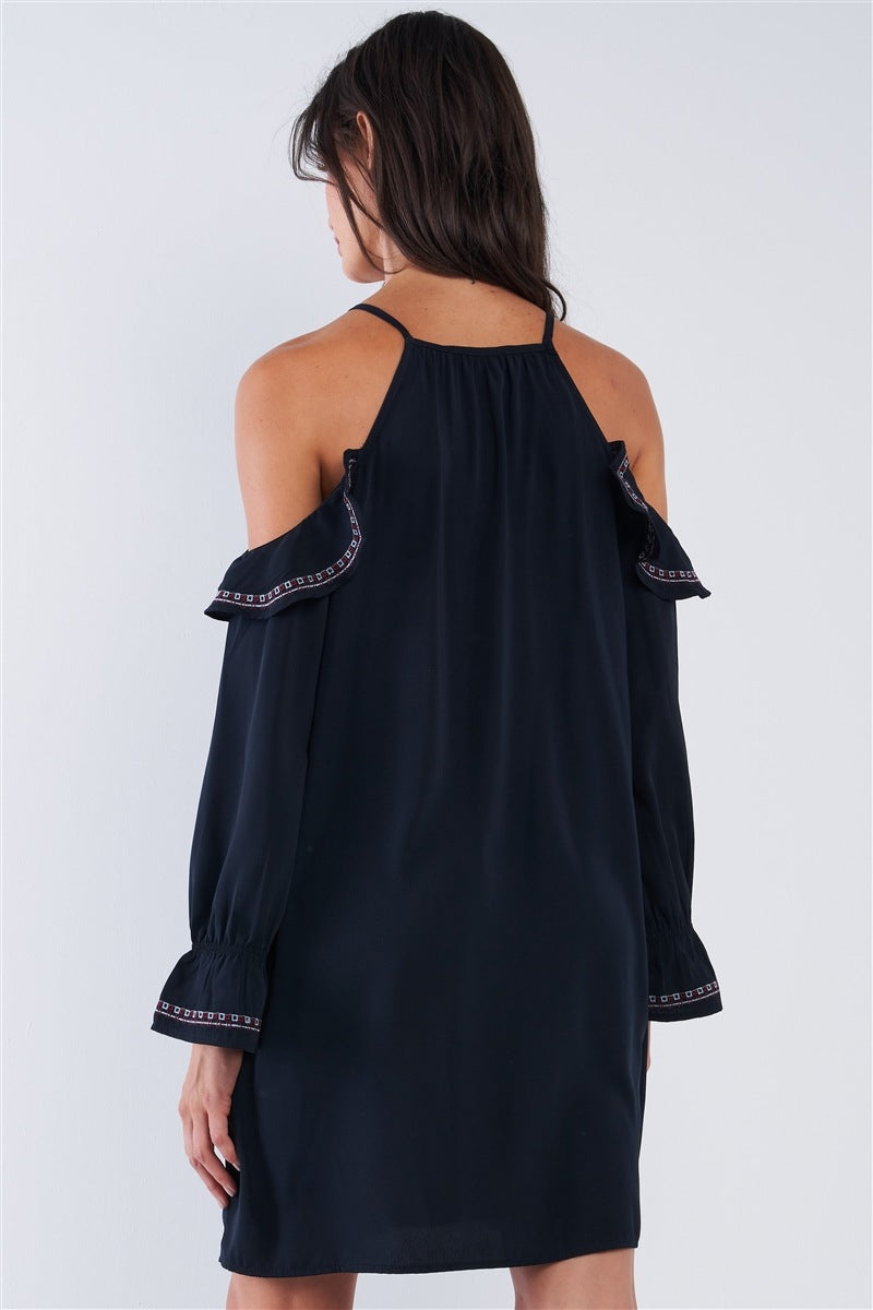 Black Boho Embroidery Off-the-shoulder Mini Dress