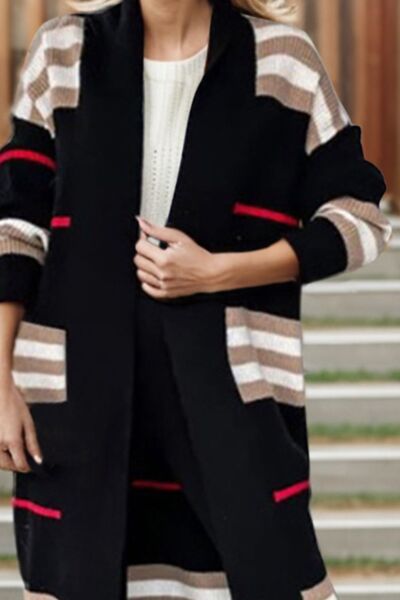 Striped Open Front Long Sleeve Cardigan Sweater