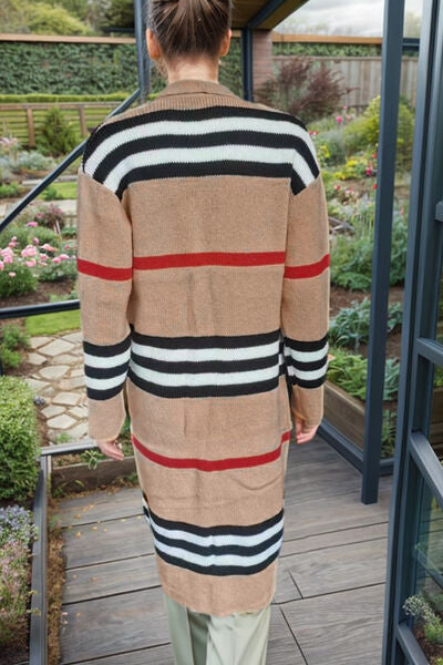 Striped Open Front Long Sleeve Cardigan Sweater