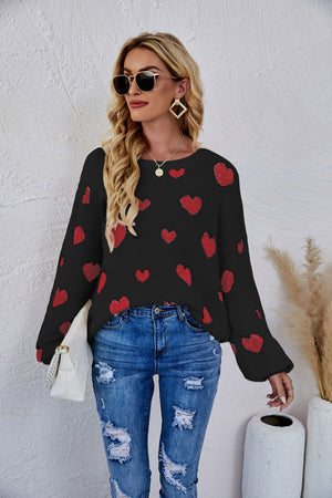 Heart Print Fuzzy Crewneck Long Sleeve Sweater