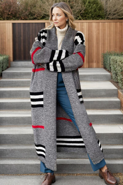 Striped Open Front Long Sleeve Cardigan Sweater