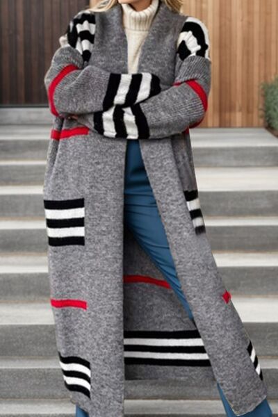 Striped Open Front Long Sleeve Cardigan Sweater