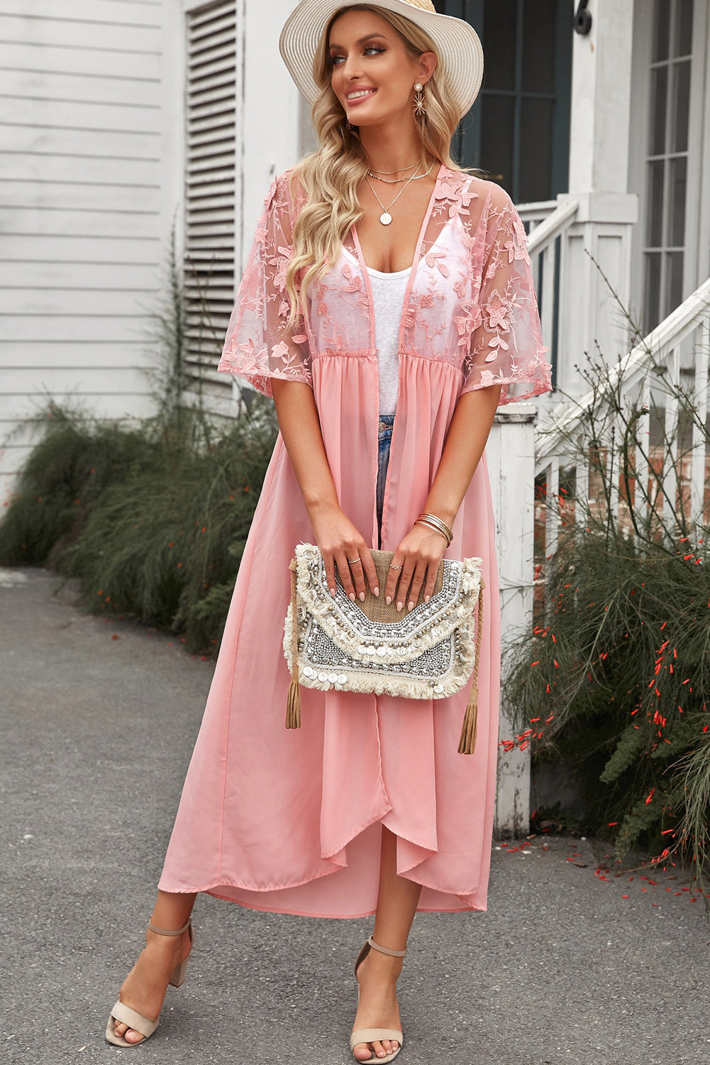 Pink Floral Mesh Lace Crochet Open Front Kimono