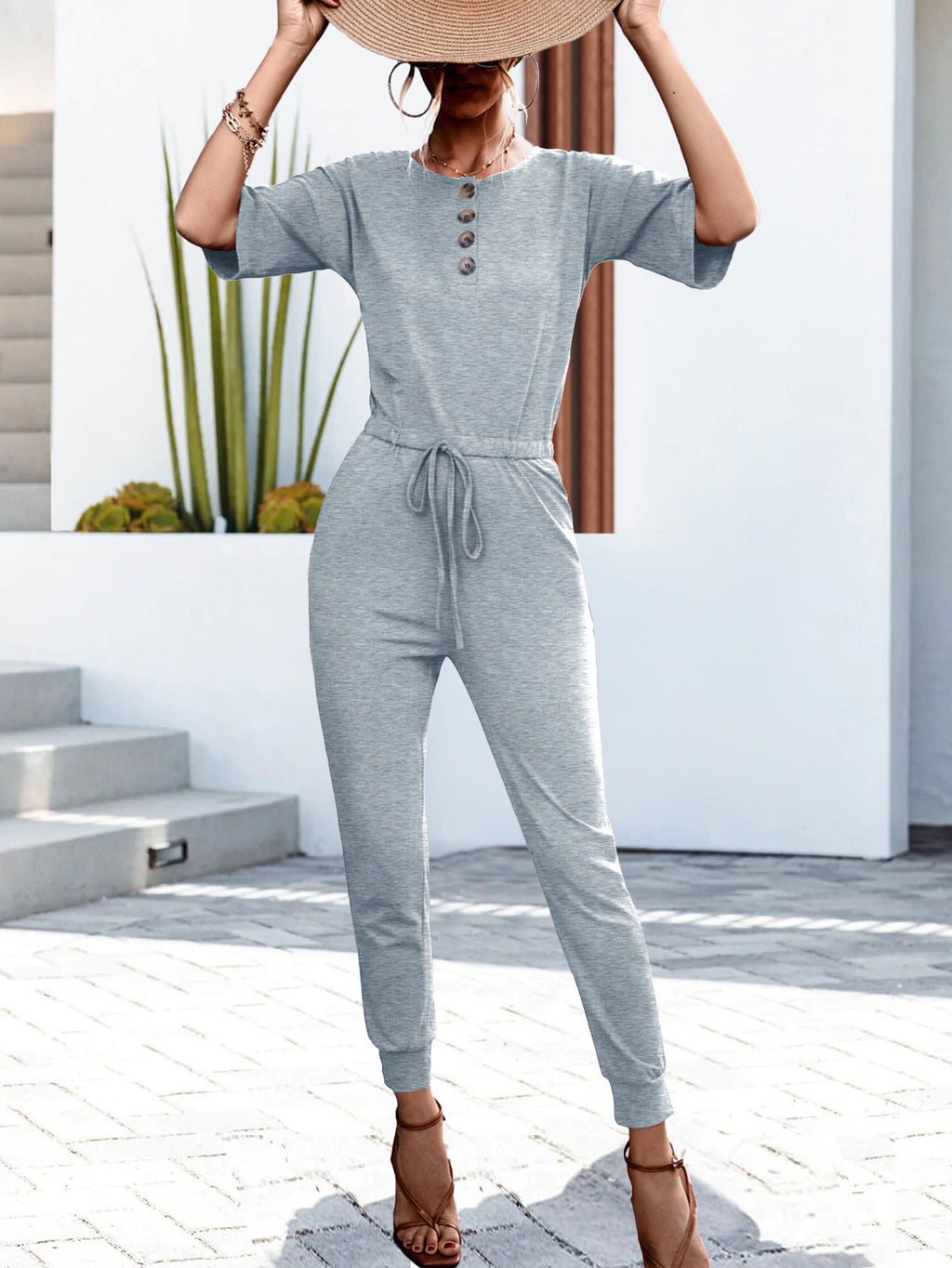 Grey Cotton Tie Waist Jumpsuit